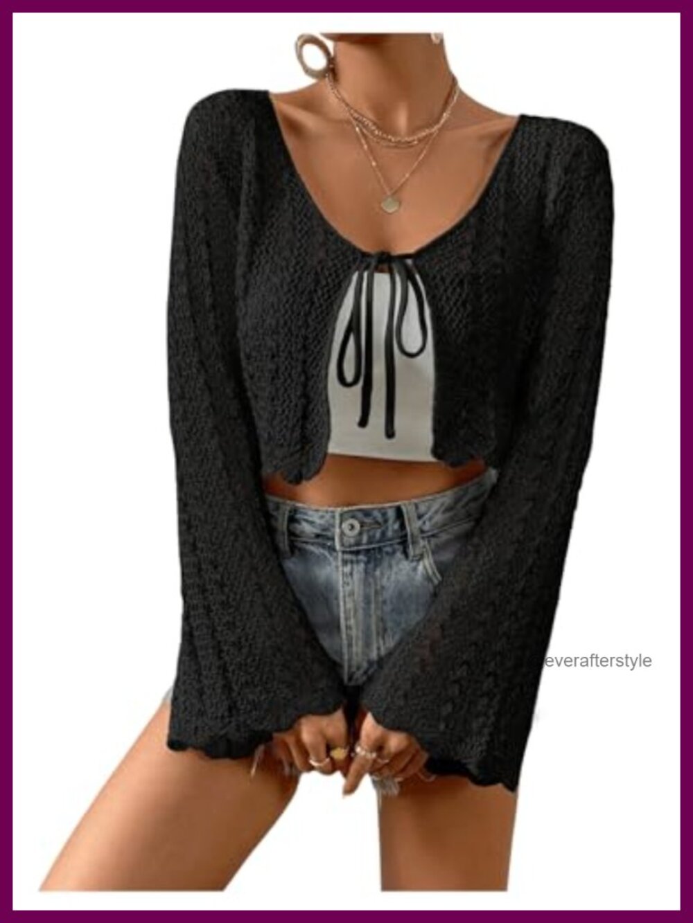 Tie Front Pointelle Knit Crop Cardigan Trumpet Sleeve Sheer